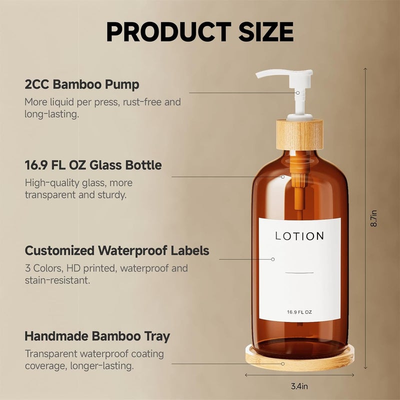 Prus Waso Amber Glass Soap Dispenser, Perfect for Hand Soap Dispenser for Bathroom, Lotion Pump Dispenser, or Sanitizer Dispenser. (Amber & White) - Image 4